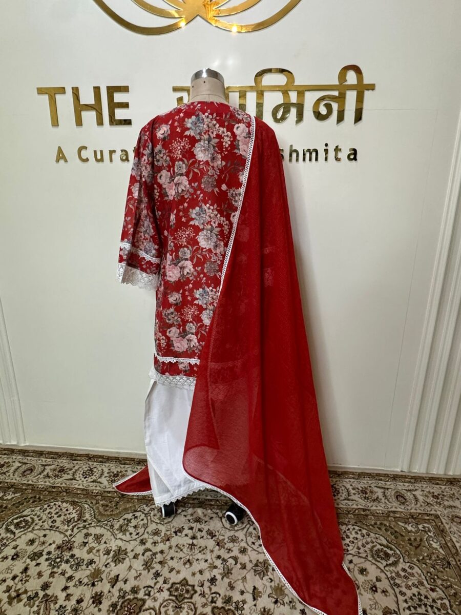 Floral Print Cotton Straight Kurti Set with Pant & Dupatta - Image 4