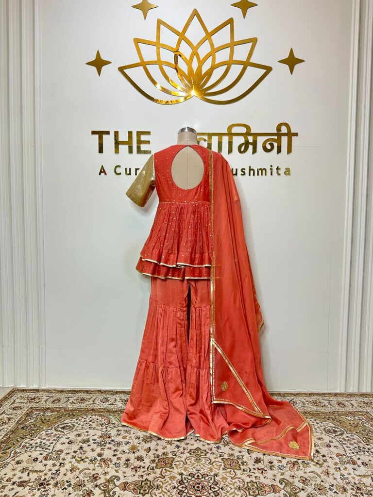 Orange Chanderi Peplum Top with Garara & Dupatta - Image 2