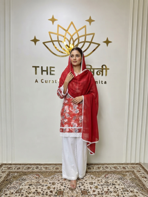 Floral Print Cotton Straight Kurti Set with Pant & Dupatta