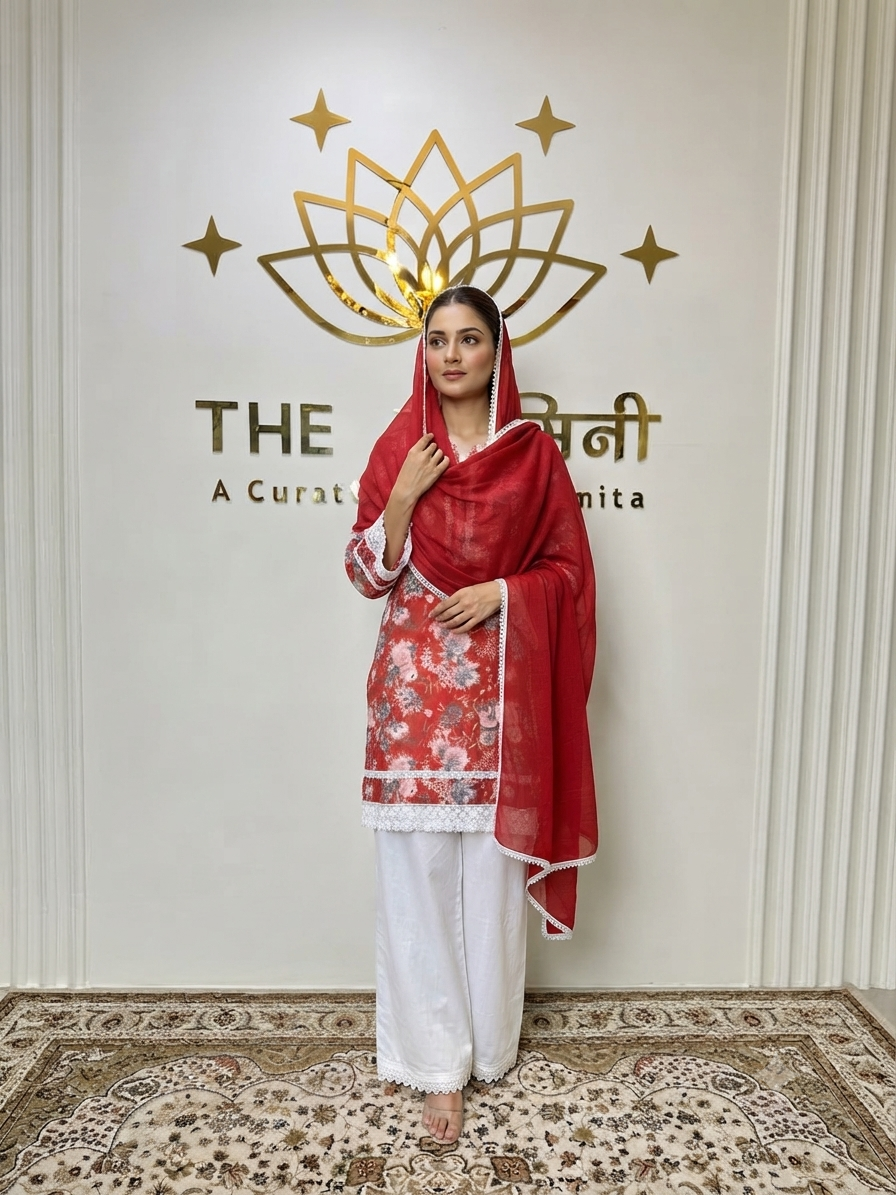 Floral-Print-Cotton-Straight-Kurti-Set-with-Pant-Dupatta-1 Floral Print Cotton Straight Kurti Set with Pant & Dupatta - Image 1