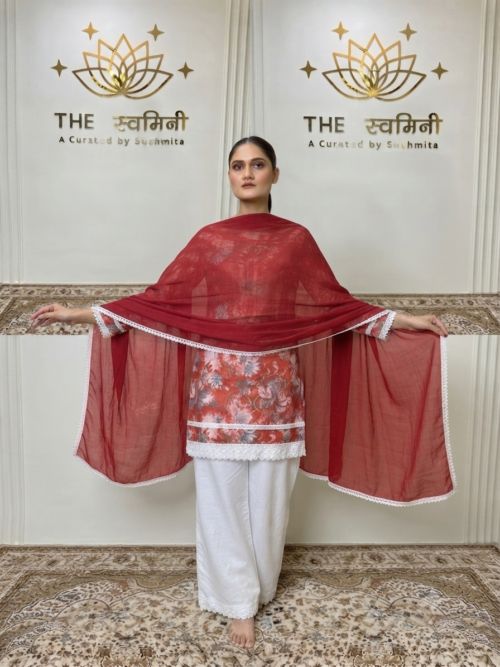 Floral Print Cotton Straight Kurti Set with Pant & Dupatta - Image 5