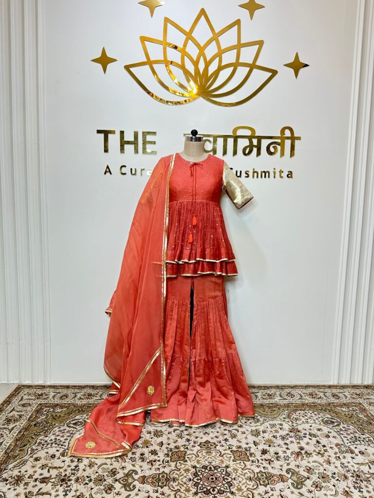 Orange Chanderi Peplum Top with Garara & Dupatta