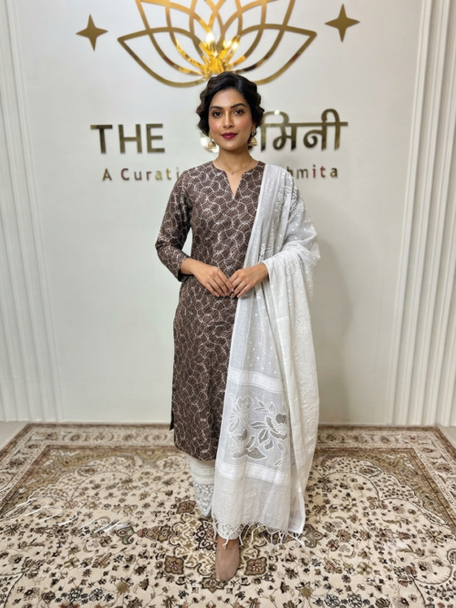Indian model wearing a classic straight suit featuring intricate Gota design detailing, paired with matching straight palazzo pants and a coordinated dupatta by The Swamini by Sushmita