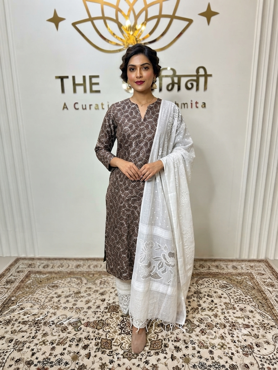 Straight Gota Design Suit With Straight Plazo & Dupatta Indian model wearing a classic straight suit featuring intricate Gota design detailing, paired with matching straight palazzo pants and a coordinated dupatta by The Swamini by Sushmita