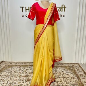 Yellow Organza Saree with Red Crepe Blouse