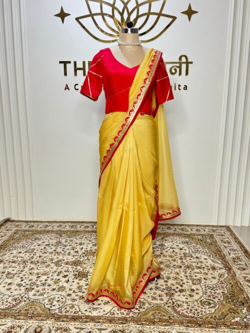 Yellow Organza Saree with Red Crepe Blouse - Image 2