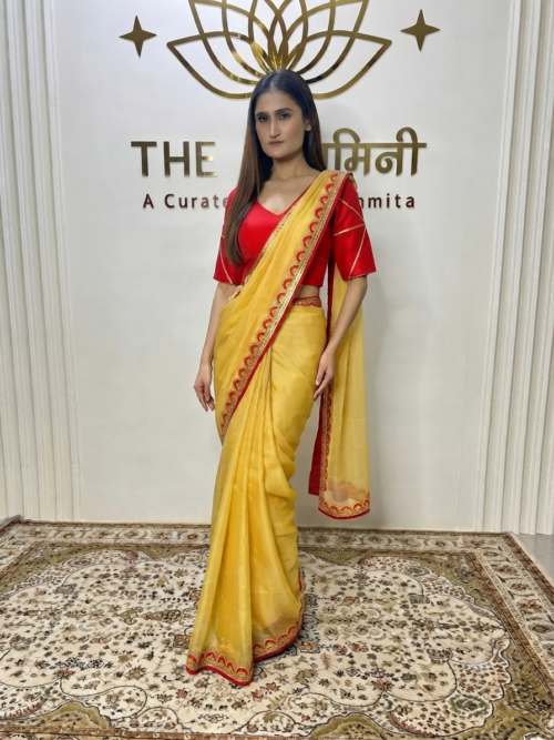 Yellow Organza Saree with Red Crepe Blouse