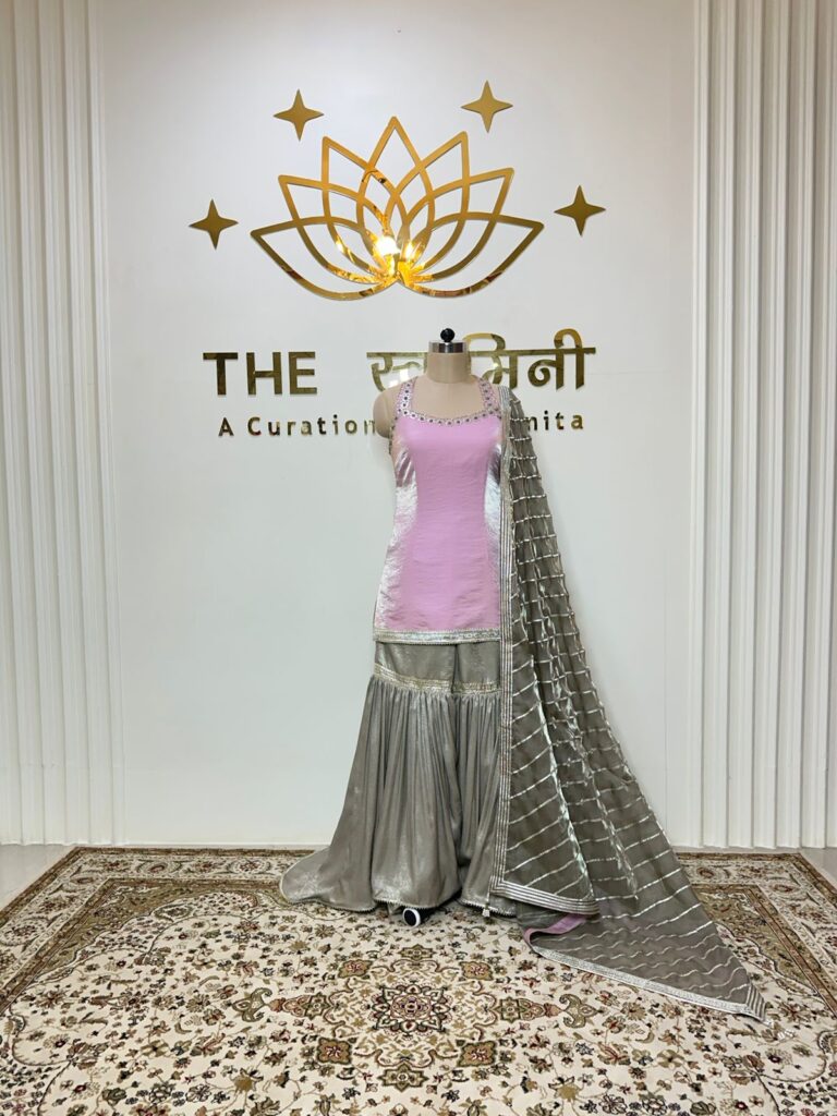 Pink Short Kurti Set with Metallic Garara & Gota Work Dupatta