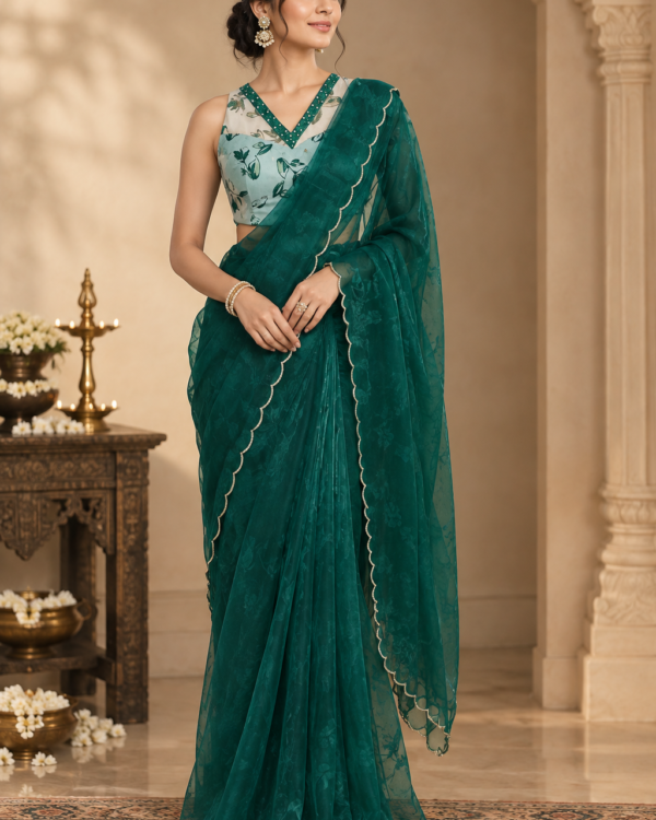 Green saree with printed hand work blouse