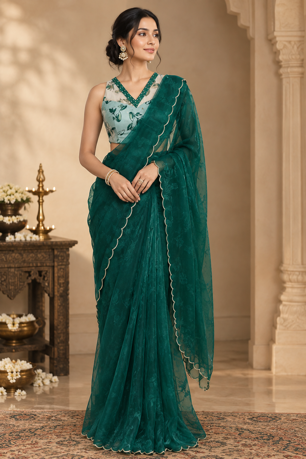 Green Saree with Printed Hand Work Blouse Green saree with printed hand work blouse