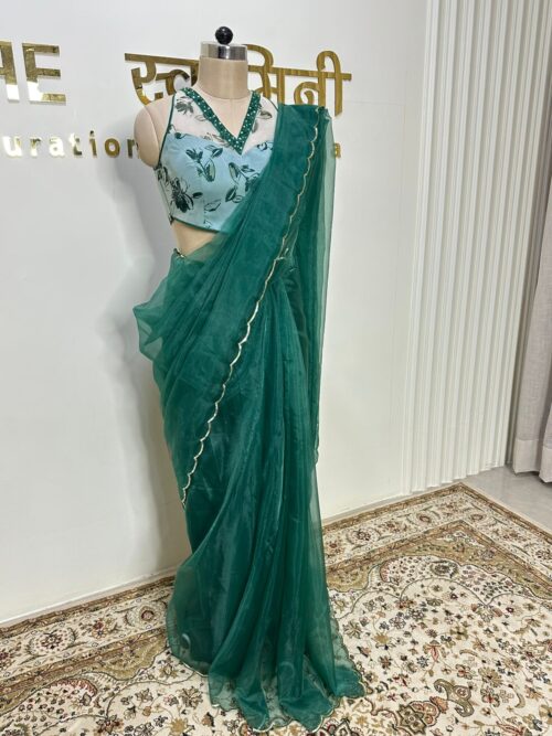 Green Saree with Printed Hand Work Blouse - Image 3