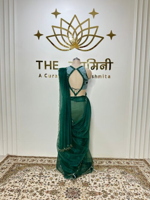 Green Saree with Printed Hand Work Blouse - Image 4