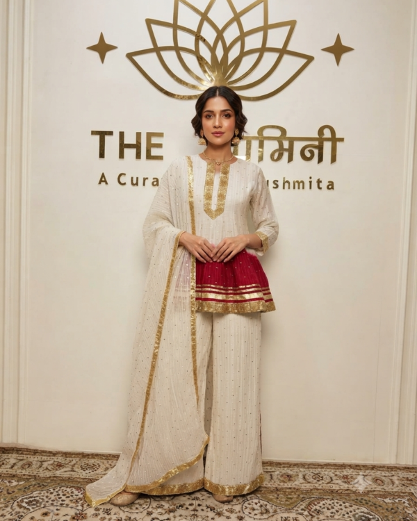 Indian model wearing a luxurious ivory and crimson tie-dye peplum kurta with matching sharara pants and an embroidered dupatta from The Swamini by Sushmita.