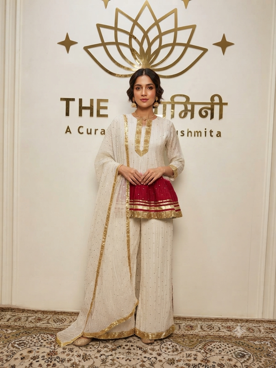 Ivory & Crimson Tie-Dye Peplum Sharara Set | Designer Ethnic Wear – The Swamini Indian model wearing a luxurious ivory and crimson tie-dye peplum kurta with matching sharara pants and an embroidered dupatta from The Swamini by Sushmita.