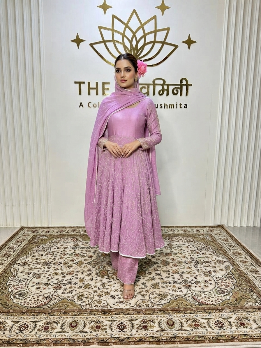Lavender Pearl Work Chanderi Suit Set - The Swamini A model posing in a pastel lavender Chanderi suit set detailed with delicate pearl work and a matching dupatta.
