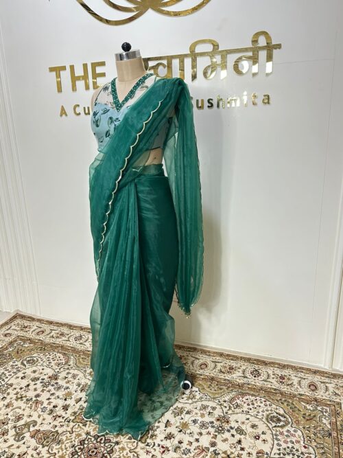 Green Saree with Printed Hand Work Blouse - Image 2