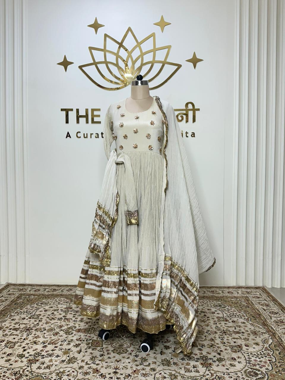 Off-white-anarkali suit 1 Off-White Gota Work Chanderi Shimmer Anarkali Suit - Image 1