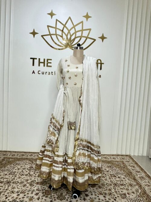 Off-White Gota Work Chanderi Shimmer Anarkali Suit - Image 2