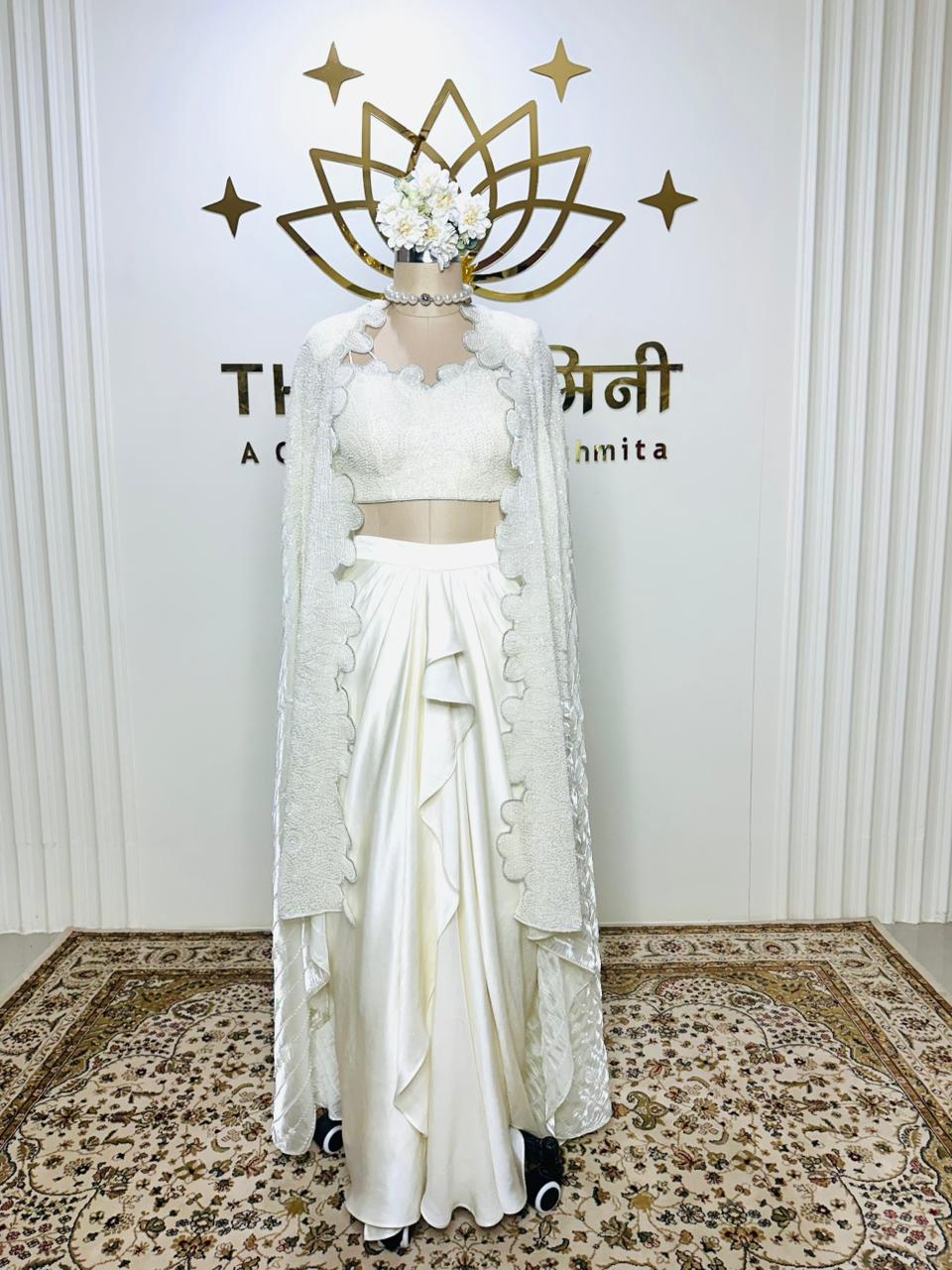 Off white draping 3 piece set 1 Off-White Draped Co-Ord Set with Cape - Image 1