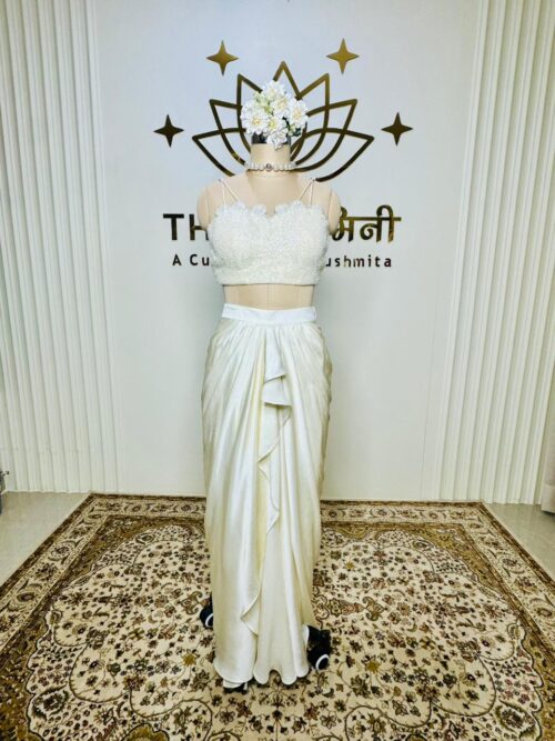 Off-White Draped Co-Ord Set with Cape - Image 2