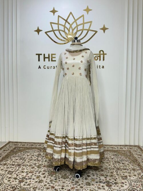 Off-White Gota Work Chanderi Shimmer Anarkali Suit - Image 4
