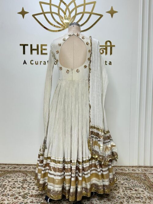 Off-White Gota Work Chanderi Shimmer Anarkali Suit - Image 3