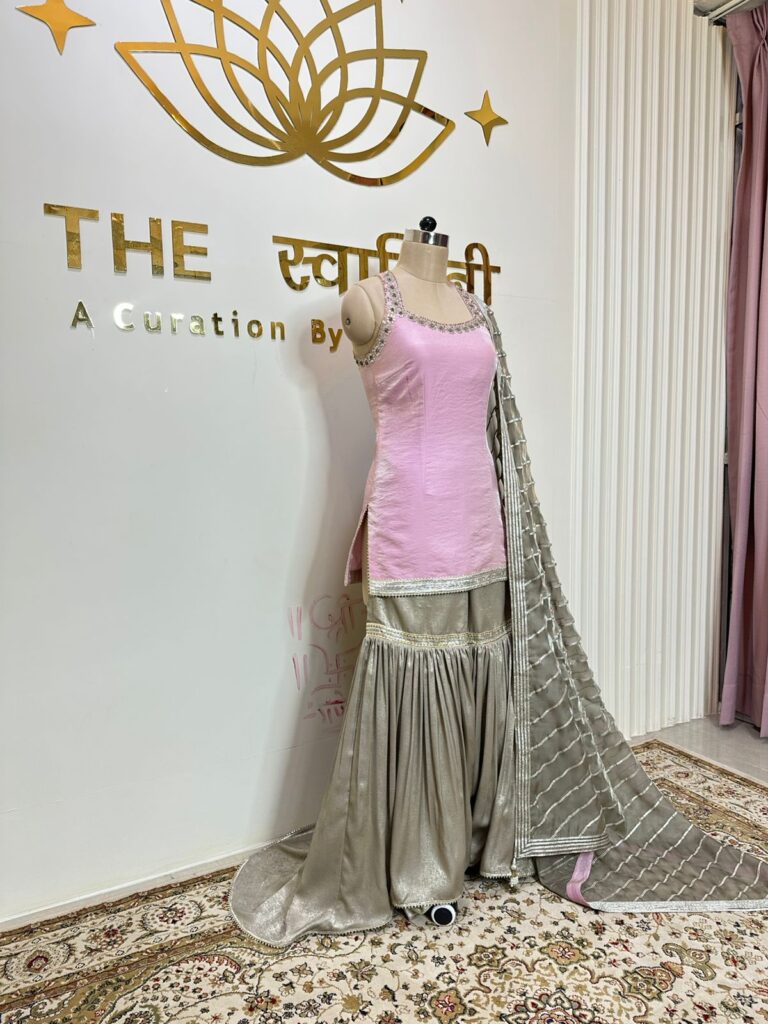 Pink Short Kurti Set with Metallic Garara & Gota Work Dupatta - Image 2