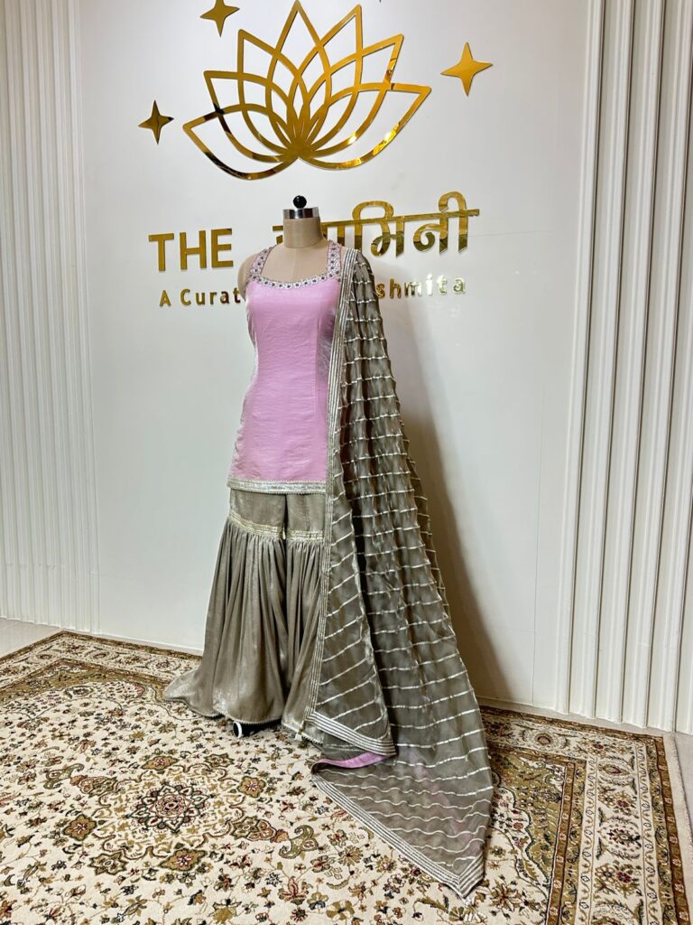 Pink Short Kurti Set with Metallic Garara & Gota Work Dupatta - Image 3