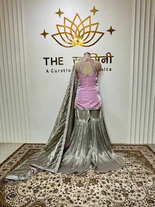 Pink Short Kurti Set with Metallic Garara & Gota Work Dupatta - Image 4