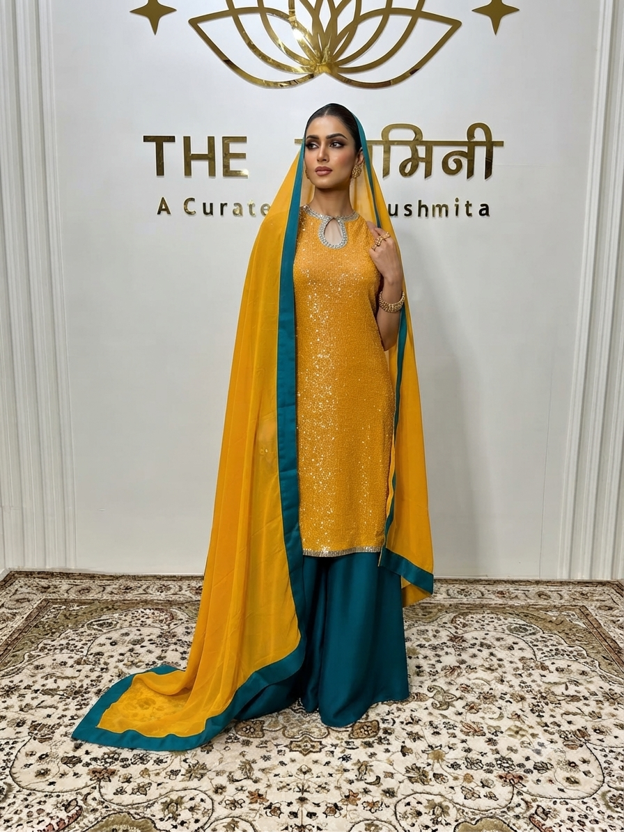 Premium Yellow Sequin Kurta Set with Teal Green Satin Palazzo - The Swamini A woman in a mustard-yellow sequin kurta and teal-green palazzo pants with a yellow and green dupatta, posing in front of a branded boutique wall.