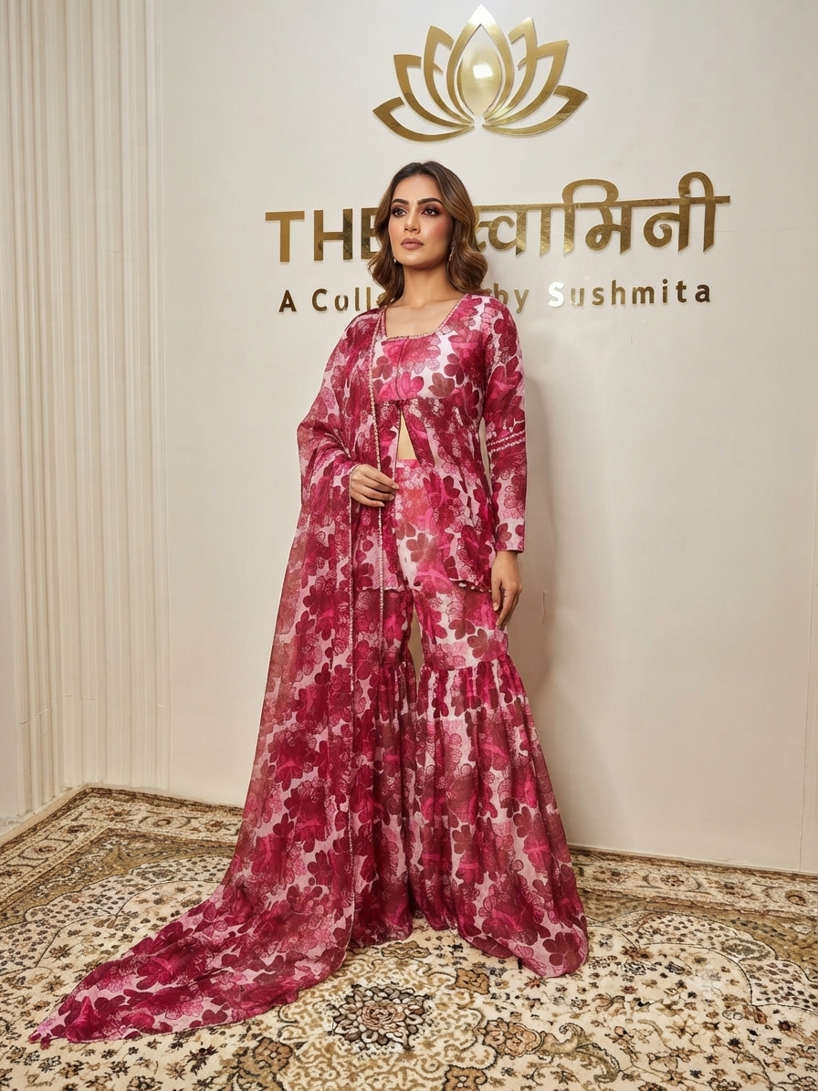 Printed Mal & Soft Chanderi Peplum Top, Gharara and Dupatta Set - The Swamini A model wearing a printed Mal and soft Chanderi peplum top, gharara pants, and matching dupatta in a designer studio.