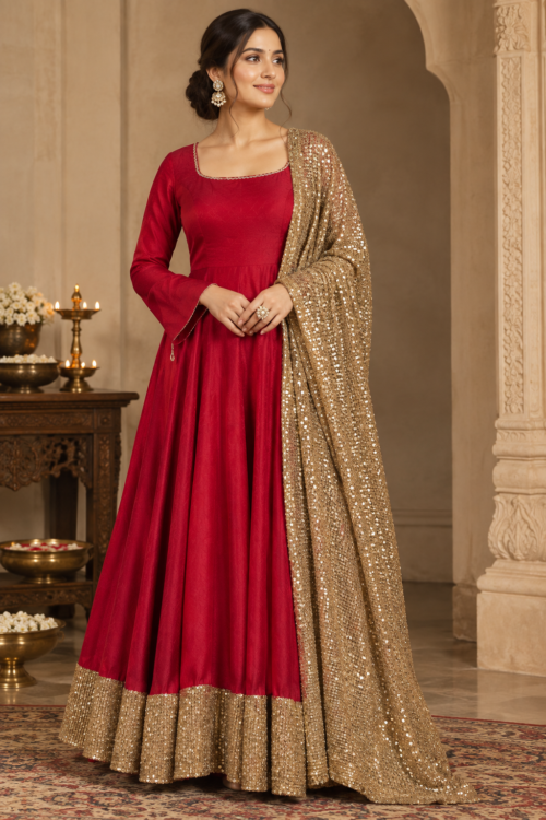 Red satin Anarkali suit with golden sequin dupatta