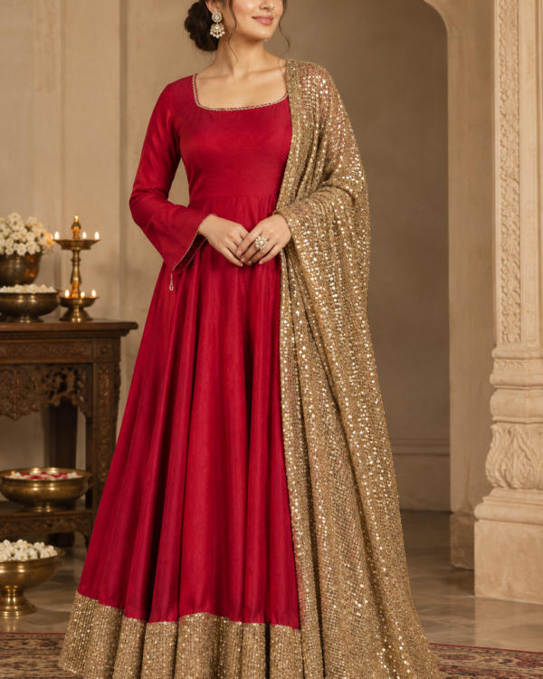 Red satin Anarkali suit with golden sequin dupatta
