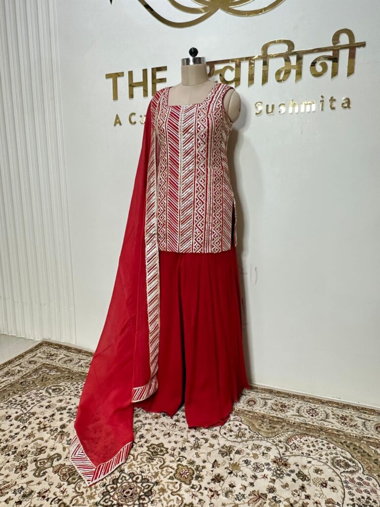 Red Gota Work Suit Set with Flared Palazzo & Dupatta - Image 3