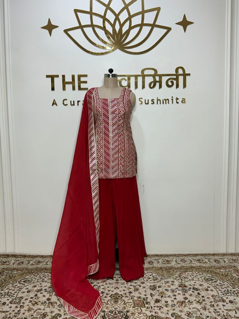 Red Gota Work Suit Set with Flared Palazzo & Dupatta - Image 2