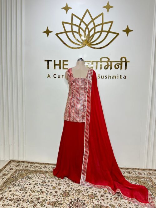 Red Gota Work Suit Set with Flared Palazzo & Dupatta - Image 4