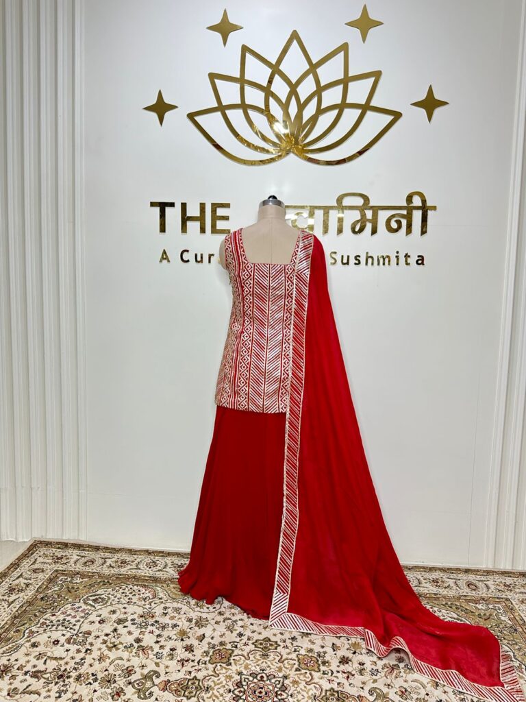 Red Gota Work Suit Set with Flared Palazzo & Dupatta