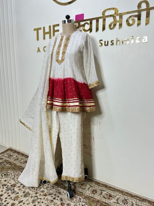 Ivory & Crimson Tie-Dye Peplum Sharara Set - Image 4