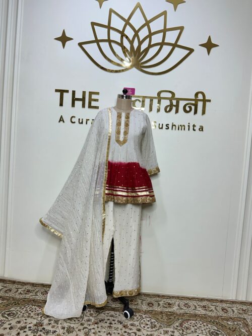 Ivory & Crimson Tie-Dye Peplum Sharara Set