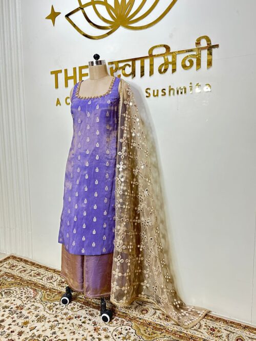 Lavender-Violet Fenty Silk Booti Kurta Golden Net Work Dupatta - Image 2