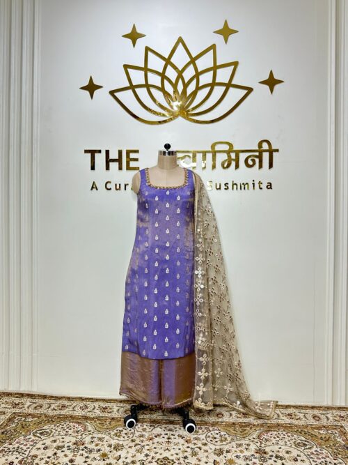 Lavender-Violet Fenty Silk Booti Kurta Golden Net Work Dupatta