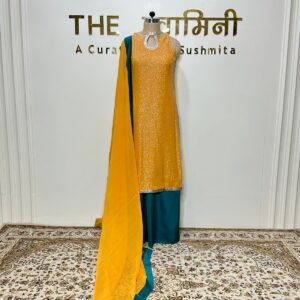 Premium Yellow Sequence Kurta with Green Satin Plazo & Georgette Dupatta