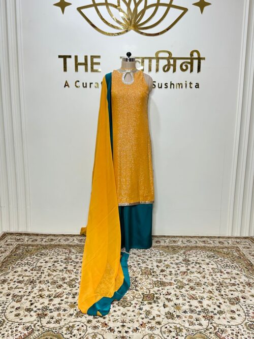 Premium Yellow Sequence Kurta with Green Satin Plazo & Georgette Dupatta