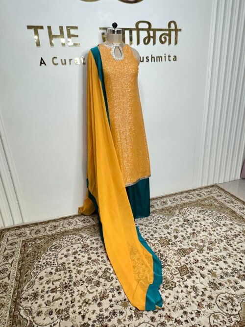 Premium Yellow Sequence Kurta with Green Satin Plazo & Georgette Dupatta - Image 3