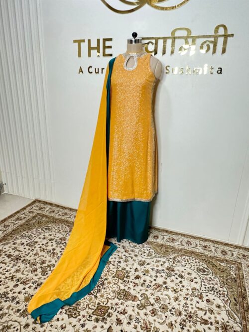 Premium Yellow Sequence Kurta with Green Satin Plazo & Georgette Dupatta - Image 4
