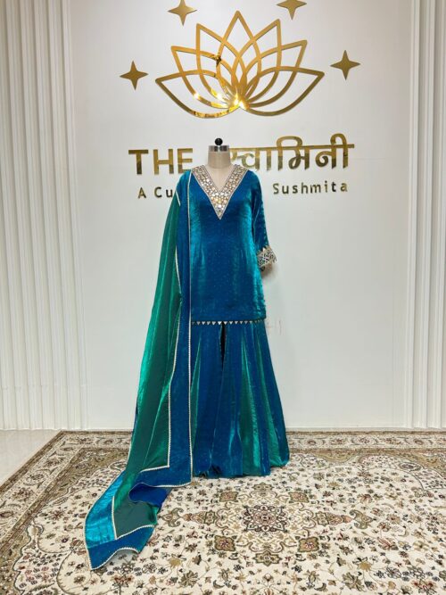 Teal Blue Short Kurti & Sharara Kali Wala With Dupatta