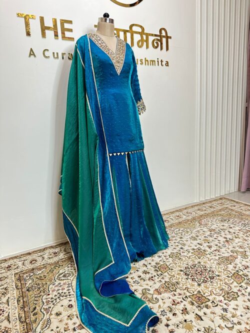 Teal Blue Short Kurti & Sharara Kali Wala With Dupatta - Image 3