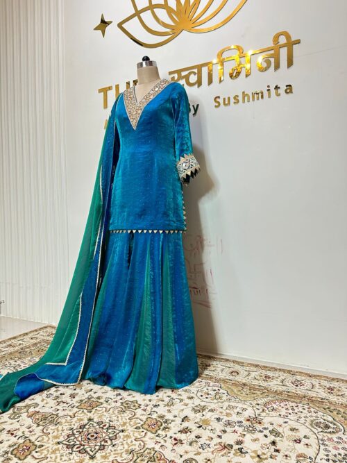 Teal Blue Short Kurti & Sharara Kali Wala With Dupatta - Image 2