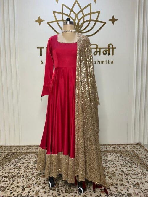 Red Satin Anarkali with Golden Sequin Dupatta