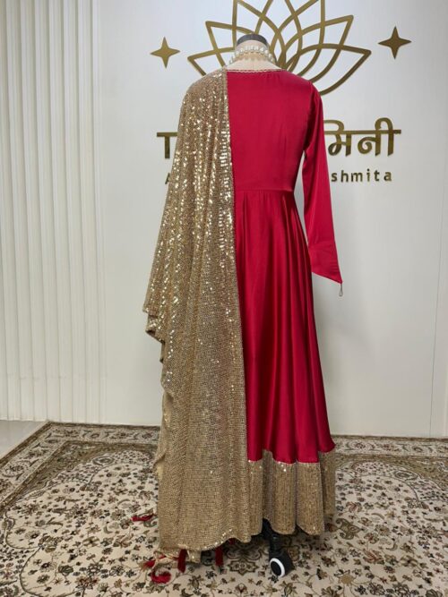 Red Satin Anarkali with Golden Sequin Dupatta - Image 4